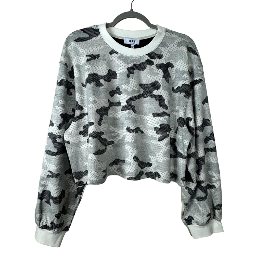 OAT Gray Camo Balloon Sleeved Top Sweatshirt NWT Size Large